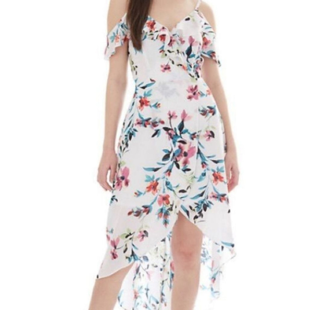 Women's IZ BYER High Low Cold Shoulder Floral Dress XS White Multi